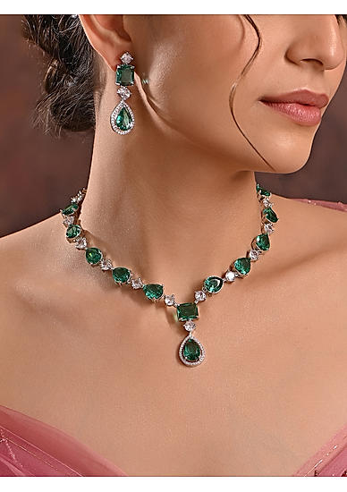 Fida Celebrity Inspired Emerald Silver American Diamond Party Jewellery Set Women