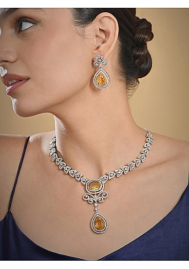 Fida Silver Yellow Luxurious Oval American Diamond Party Women Jewellery Set