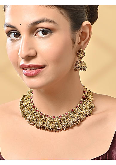 Women Gold  Beaded Temple Choker Necklace & Earrings Set