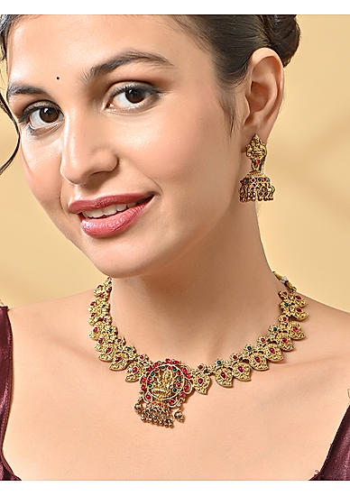 Women Gold Peacock Temple Choker Necklace & Earrings Set