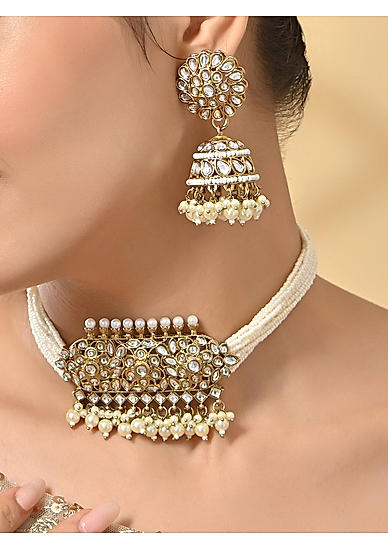 Women White Pearl Statement Bridal Choker Necklace & Earrings Set