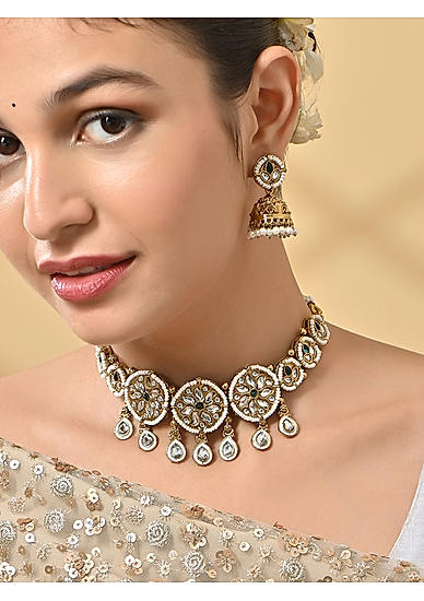 Women White Studded Stone Bridal Choker Necklace & Earrings Set