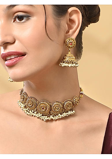 Women Mehendi Gold Temple Necklace & Earrings Set