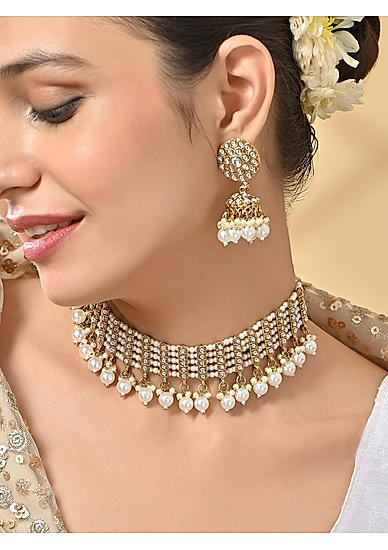 Women White Pearl & Gold Statement Wedding Choker Necklace & Earrings Set