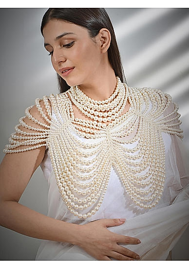 Fida Trending Cocktail Party White Pearl Layered Women Cape Necklace