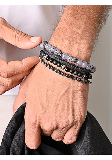 The Bro Code Grey  Casual Party Men's Beaded with fabric knotted Stack Bracelet Set of 4