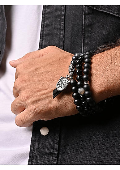 The Bro Code Black  Casual Party Men's Beaded with Charm Stack Bracelet Set of 3