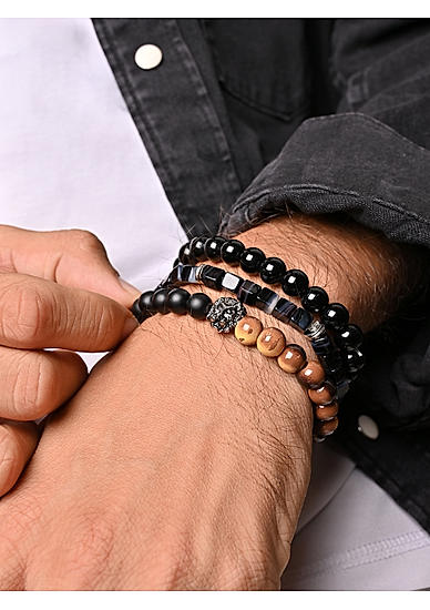 The Bro Code Black & Brown Casual Party Men's Beaded Lion Charm Stack Bracelet Set of 3