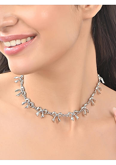 Women Silver Plated Party Bow Choker Necklace