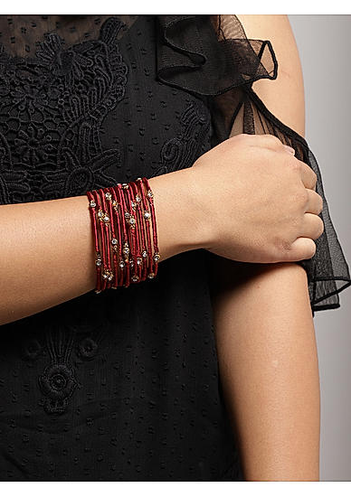 Set Of 12 Maroon Stones Gold Plated Silk Thread Bangles