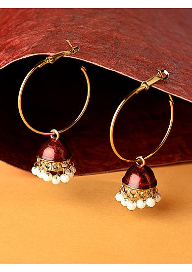 White Beads Red Enamelled Gold Plated Hoop Jhumka Earring