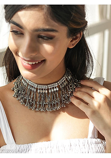 Ghungroo Mirror Silver Plated Oxidised Choker Necklace