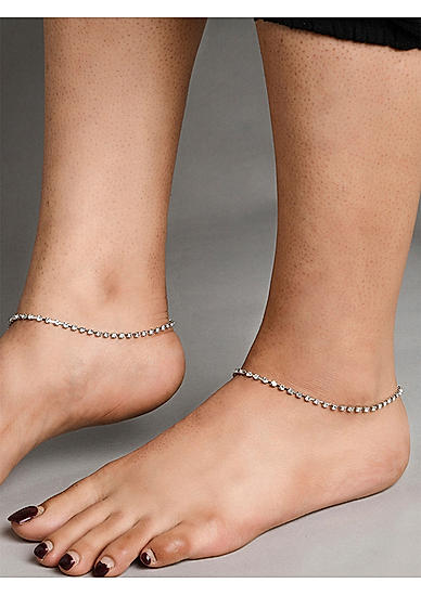 Set of 2 Stones Studded Silver Plated Anklets