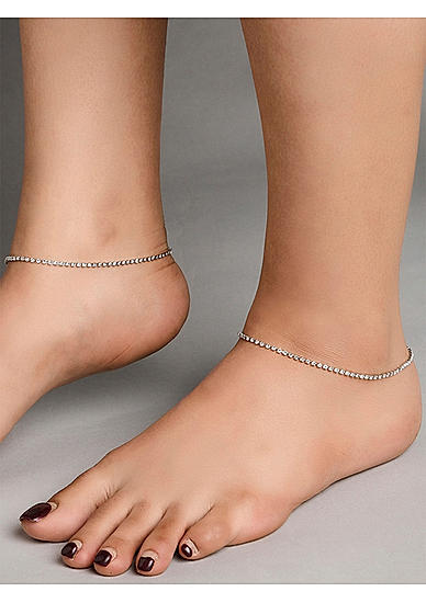 Set of 2 Stones Studded Silver Plated Anklets