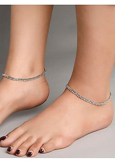 Set of 2 Stones Studded Silver Plated Anklets