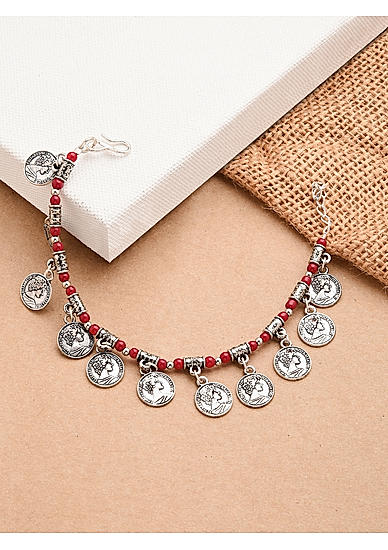 Set of 2 Red Beads Silver Plated Oxidised Coin Anklets