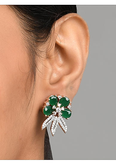 American Diamond Emerald Rose Gold Plated Floral Stud Earring