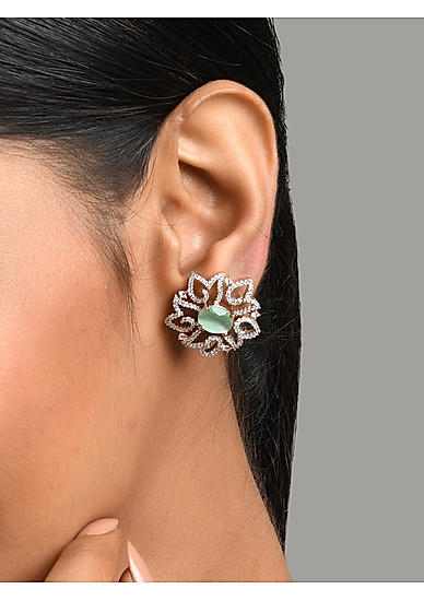 American Diamond Green Stones Rose Gold Plated Floral Stud Earring