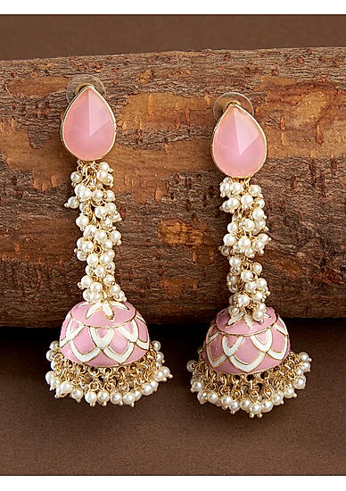 Pastel Pink Stones Beads Gold Plated Jhumka Earring