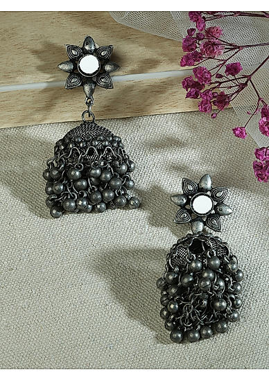 Fida Oxidised Silver Mirror Studded Floral Jhumka Earring For Women