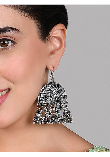 Fida Ethnic Silver Plated Afghni Drop Hook Earrings For Women