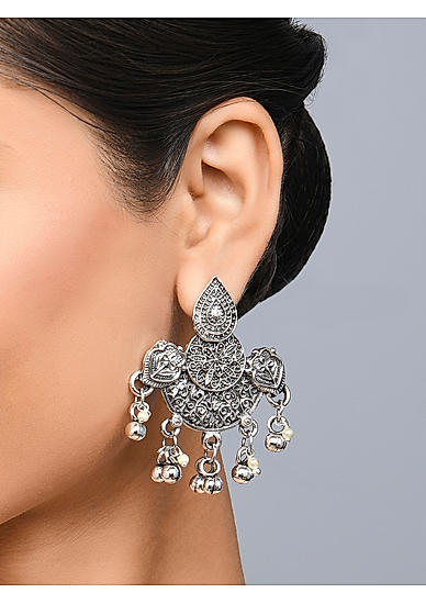 Fida Ethnic Silver Plated Oxidised Engraved Drop Earring For Women