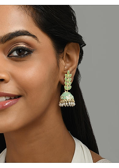 Mint Green Stones Gold Plated Meenakari Jhumka Earring