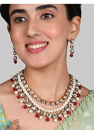 Fida Ethnic Gold Plated Maroon Beaded Kundan Layer Necklace Set For Women