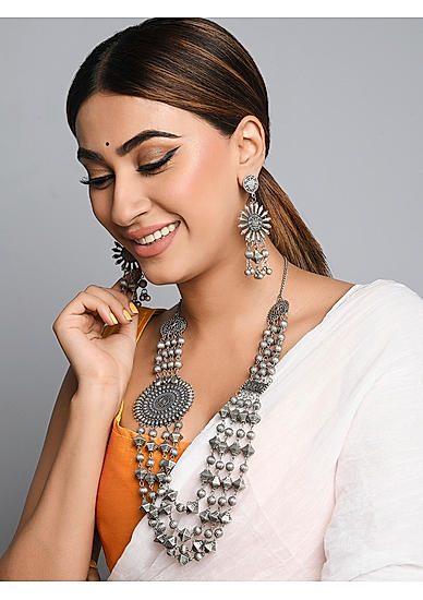 Fida Ethnic Oxidised Silver Floral Multi Layer Beaded jewelry Set For Women