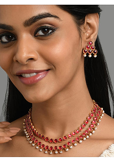 Ruby Beads Gold Plated Layered Jewellery Set