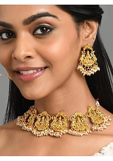 Beads Gold Plated Laxmi Goddess Temple Jewellery Set