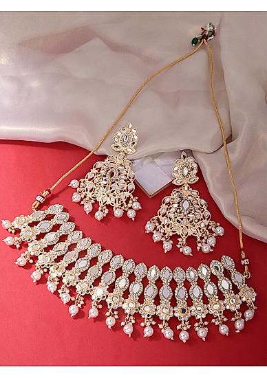 Fida Gold-Plated & Toned Off White Artificial Stones and Beads Jewellery Set for women