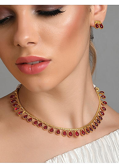 Ruby Gold Plated Teardrop Temple Jewellery Set