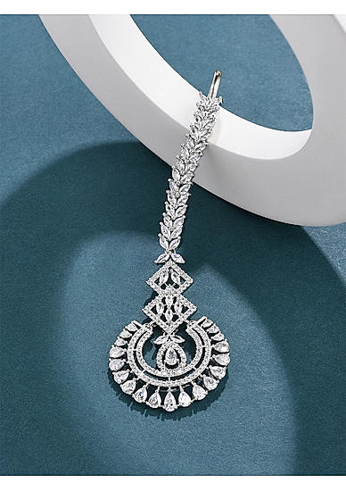 American Diamond Silver Plated Geometric Maangtikka