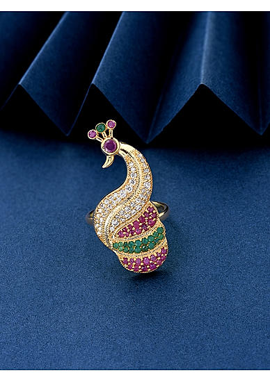 American Diamond Ruby Emerald Gold Plated Peacock Cocktail Ring