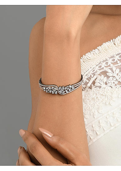 American Diamond Silver Plated Floral Bangle-Style Bracelet