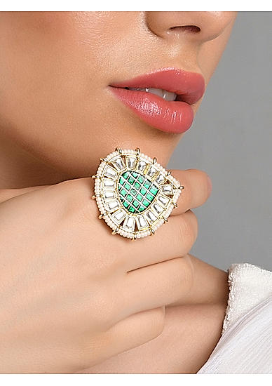 Green Kundan Beads Gold Plated Teardrop Cocktail Ring