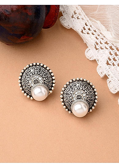 ToniQ Stylish Oxidised Silver Plated Pearl Detail Round Stud Earrings For Women