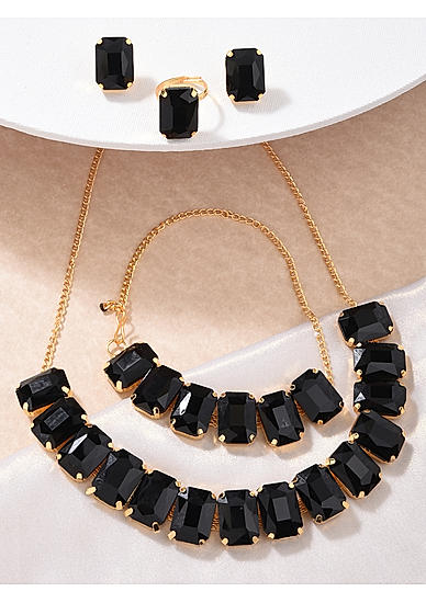 ToniQ Classic Gold Pllated Black Stone Jewellery Set for Women