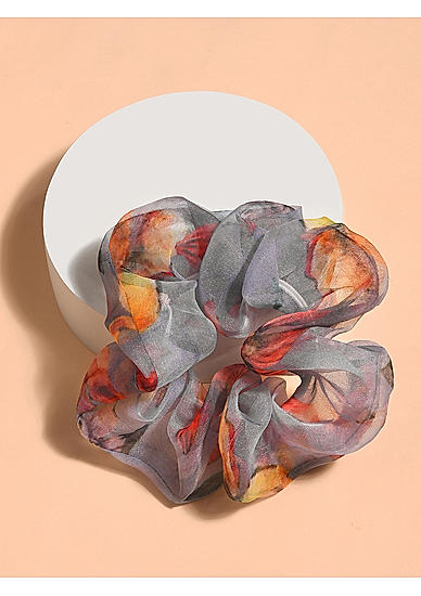 ToniQ Grey Organza Floral Printed Scrunchie for Women