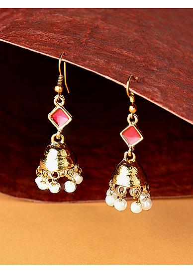 Fida Ethnic Traditional gold colour small jhumka hook earrings with red diamond enamel and white pearl drops