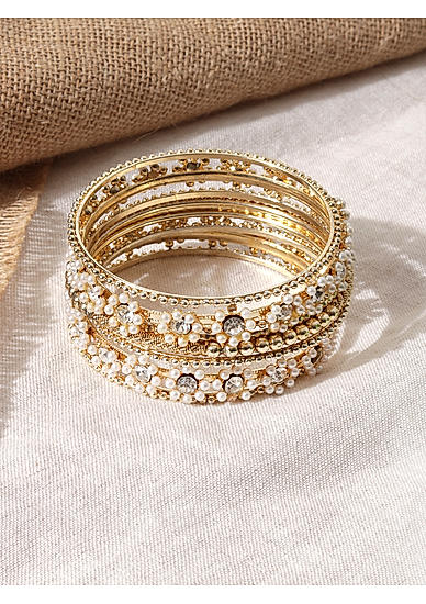 Fida Gold Set Of 9 Beaded & Stone Embellished Bangles Set For Women