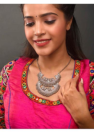 Ghungroo Silver Plated Oxidised Layered Necklace