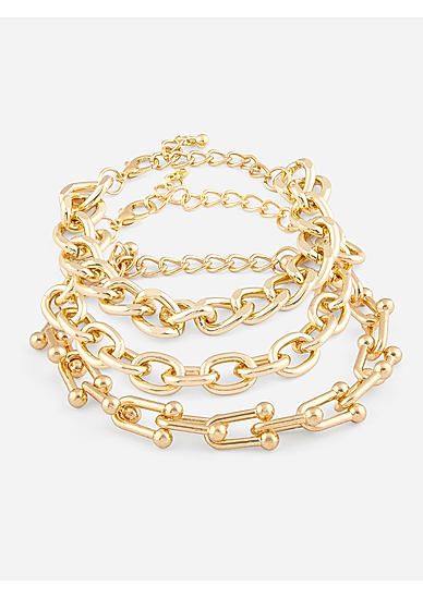 Set Of 3 Gold Plated Linked Chain Bracelet 