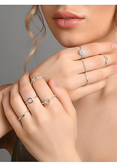 Toniq Set Of 8 Silver Stone Love CZ rings Set For Women