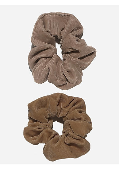 Set of 2 Beige & Brown Velvet Scrunchie Rubber Band 