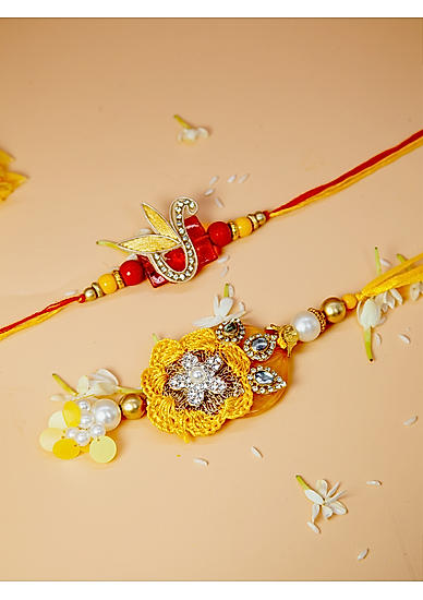 Fida Designer Handmade Orange Red pearl & Kundan Studded Bhaiya Bhabhi Rakhi |Lumba Rakhi for Bhabhi|Rakhi for Brother|Couple Rakhi Set Of 2|Rakhi with roli chawal