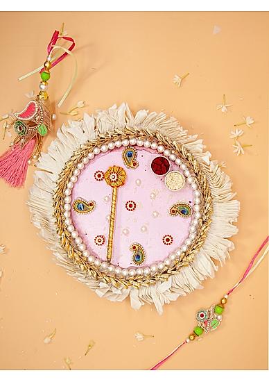 Fida Designer Handmade Pink Aritificial stone and pearl studded Rakhi thali With Bhaiya Bhabhi Lumba Rakhi set |Pooja thali with roli chaval Vati|Rakhi Plate for Siblings Special day|Rakhi Thali Set|Decorated Pooja plate with Rakhi Set and roli chawal|Wit