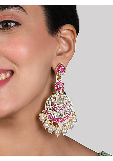 Fida Ethnic Gold Plated Hot Pink Enamel And Pearl Kundan Floral Drop Earings For Women