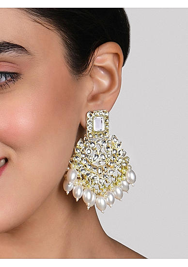 Fida Ethnic Gold Plated Pearlss & Kundan Studded Drop Earrings For Women